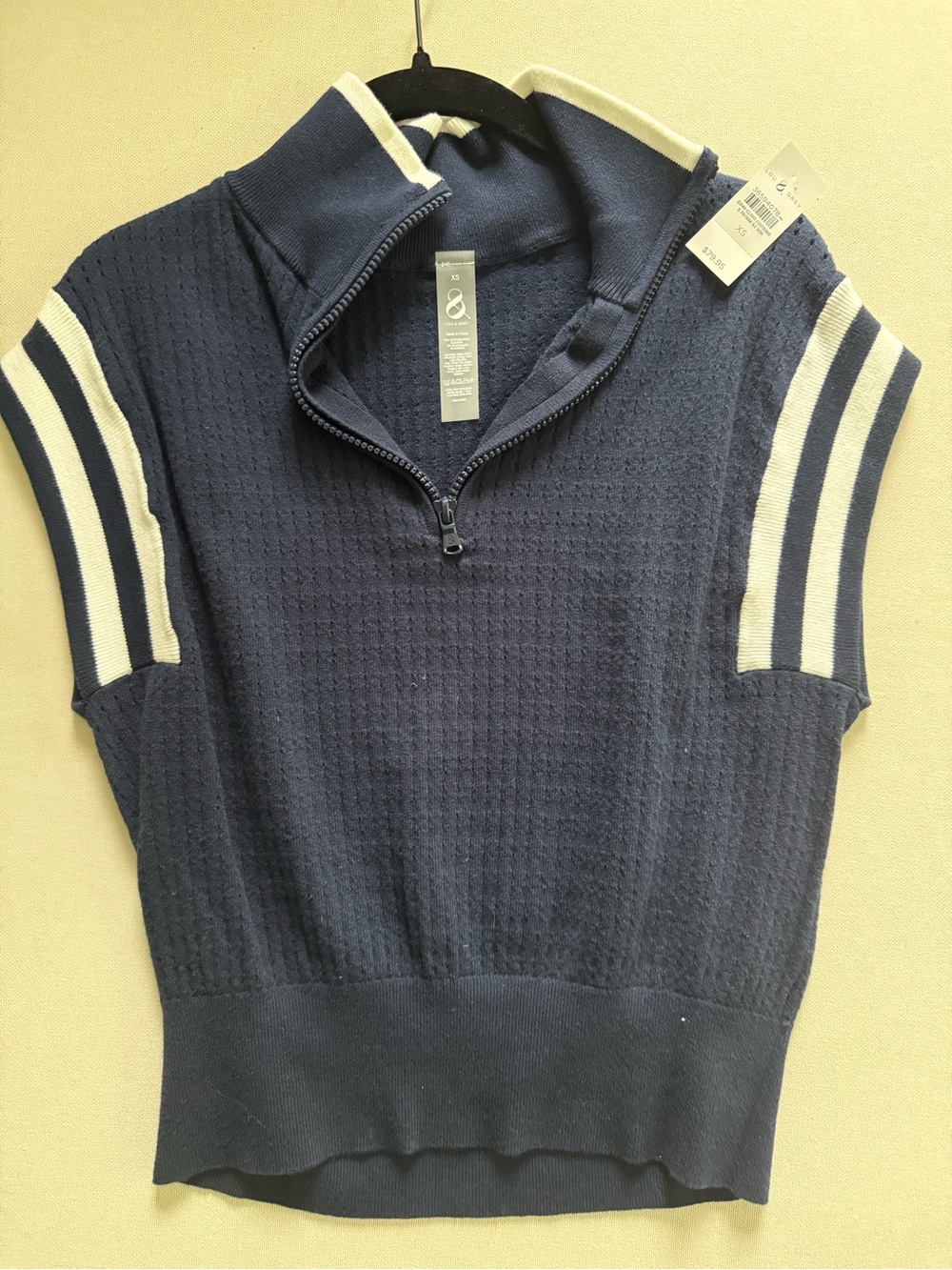 Navy Short-Sleeve Half-Zip Sweater with Stripe Detail